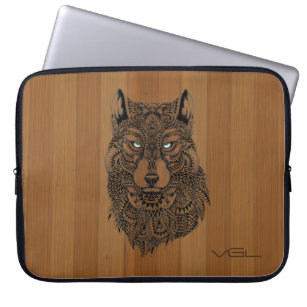 Blonde Wood & Black Wolf Head Illustration Laptop Sleeve