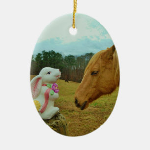 Blonde Yellow horse & Easter Bunny Ceramic Ornament