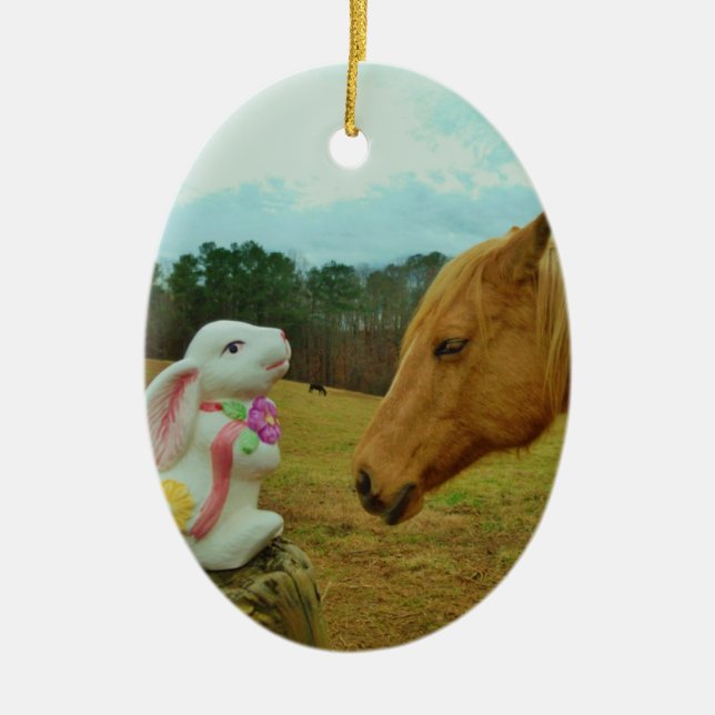 Blonde Yellow horse & Easter Bunny Ceramic Ornament (Front)