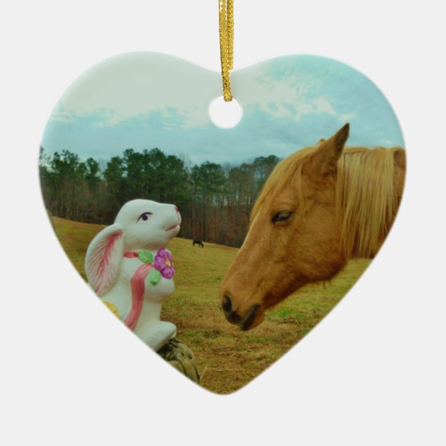 Blonde Yellow horse & Easter Bunny Ceramic Ornament (Front)
