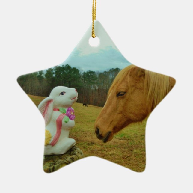 Blonde Yellow horse & Easter Bunny Ceramic Ornament (Front)
