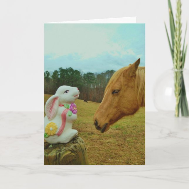 Blonde Yellow horse & Easter Bunny Holiday Card (Front)
