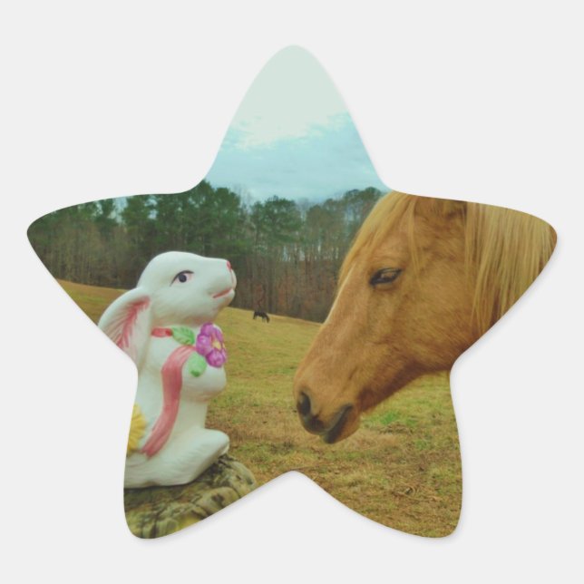 Blonde Yellow horse & Easter Bunny Star Sticker (Front)