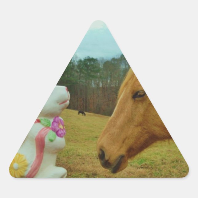 Blonde Yellow horse & Easter Bunny Triangle Sticker (Front)