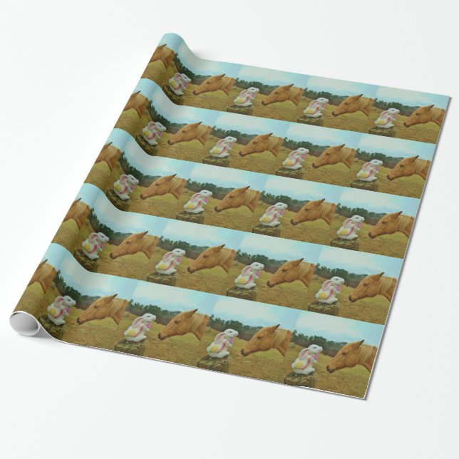 Blonde Yellow horse & Easter Bunny Wrapping Paper (Unrolled)