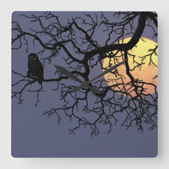 Blood Moon and Night Owl Silhouette Square Wall Clock (Front)