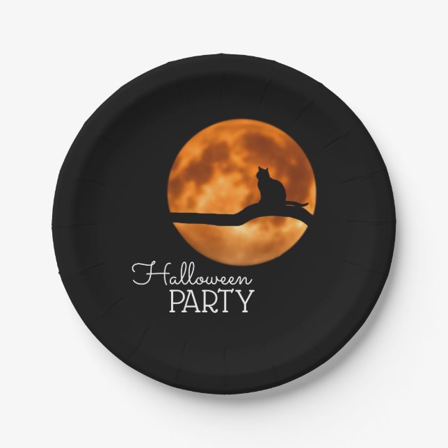 Blood Moon & Cat Silhouette, Halloween Party Paper Plate (Front)