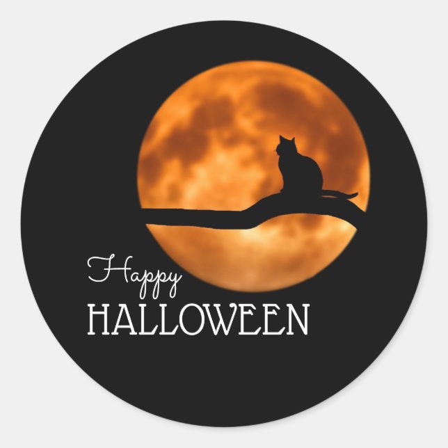 Blood Moon & Cat Silhouette, Happy Halloween Classic Round Sticker (Front)