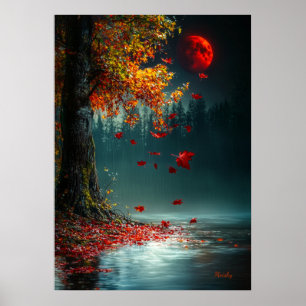 Blood Moon Over Autumn Lake - Mystical Fall Poster