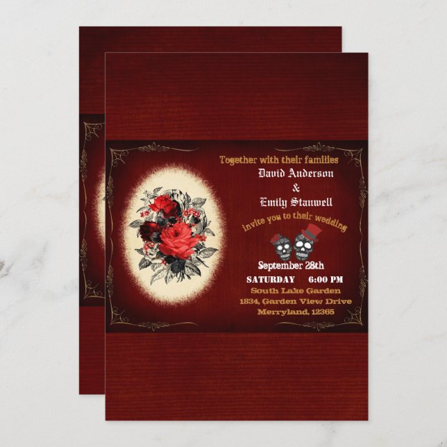 Blood Red Floral Gothic Skull Halloween Wedding Invitation (Front/Back)