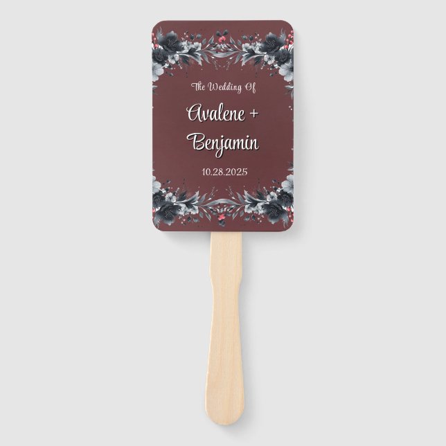 Blood Red Gothic Black Floral Wedding Hand Fan (Front)
