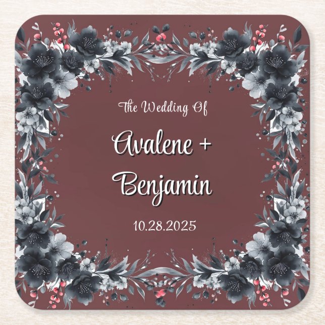 Blood Red Gothic Black Floral Wedding Square Paper Coaster (Front)