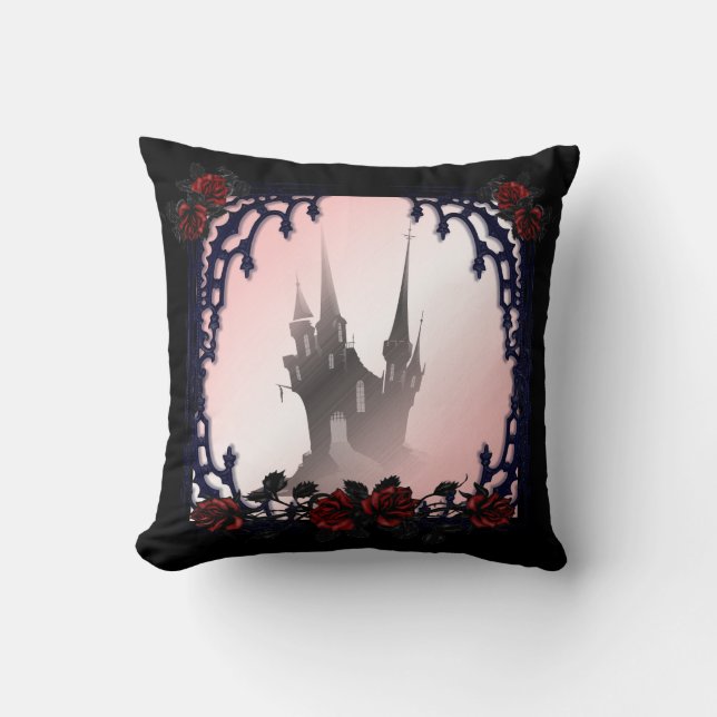 Blood Rose Gothic Mansion Throw Pillow (Front)