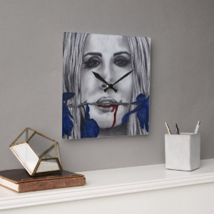 Blood Roses Blue Vampire Woman Portrait Goth Art Square Wall Clock
