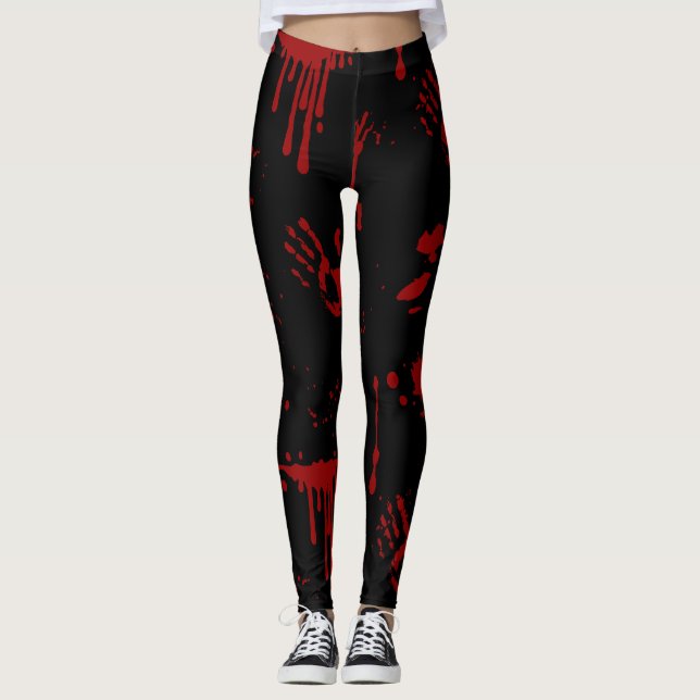 Blood Splatter Bloody Handprints Black Halloween Leggings (Front)