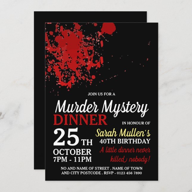 Blood Splatter, Murder Mystery Birthday Dinner Invitation (Front/Back)