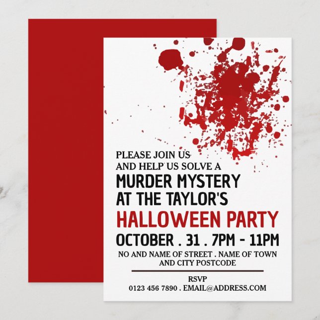 Blood Splatter, Murder Mystery Halloween Party Invitation (Front/Back)