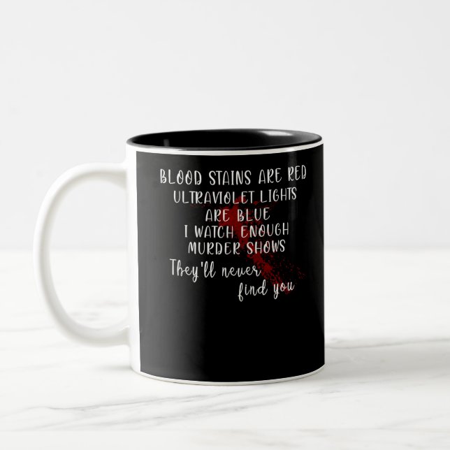 blood stains are red, ultraviolet lights are blue Two-Tone coffee mug (Left)