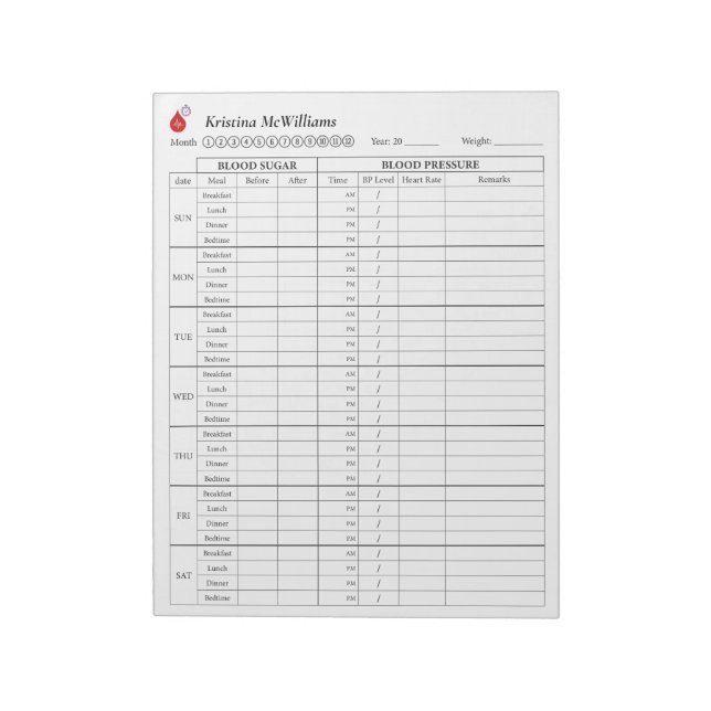 Blood Sugar and Blood Pressure Tracker Personalize Notepad (Rotated)