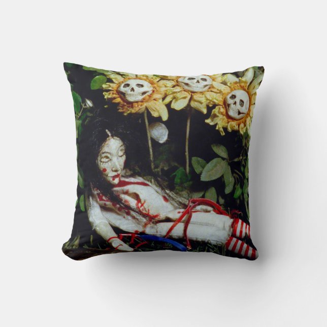 Blood Tea and Red String Doll and Skull Sunflowers Throw Pillow (Front)