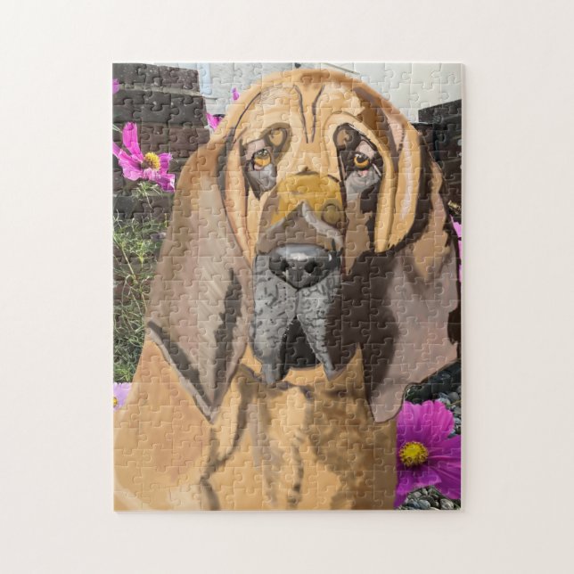 Bloodhound against Pink Cosmos Jigsaw Puzzle (Vertical)