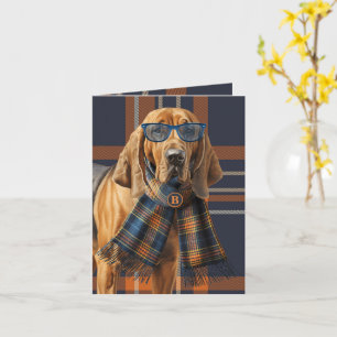 Bloodhound Dog and Navy Blue Plaid Monogrammed Card