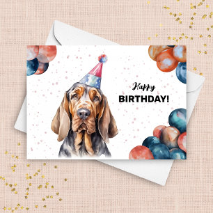 Bloodhound Dog Balloons and Party Hat Birthday Card