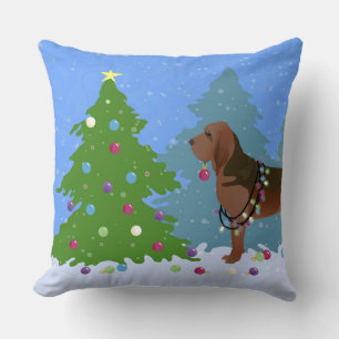 Bloodhound Dog Decorating Christmas Tree Throw Pillow