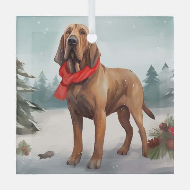 Bloodhound Dog in Snow Christmas Glass Ornament (Front)