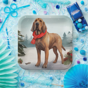 Bloodhound Dog in Snow Christmas Paper Plate