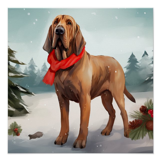 Bloodhound Dog in Snow Christmas Poster (Front)