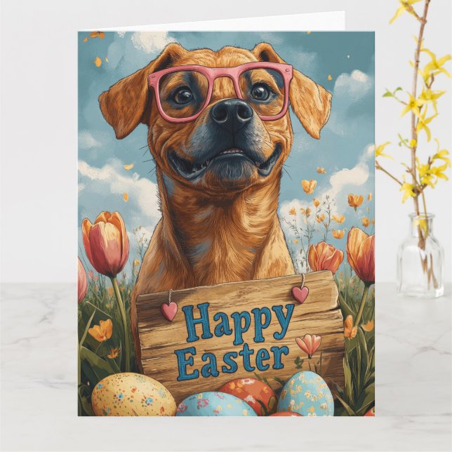 Bloodhound Easter Eggs Card (Yellow Flower)