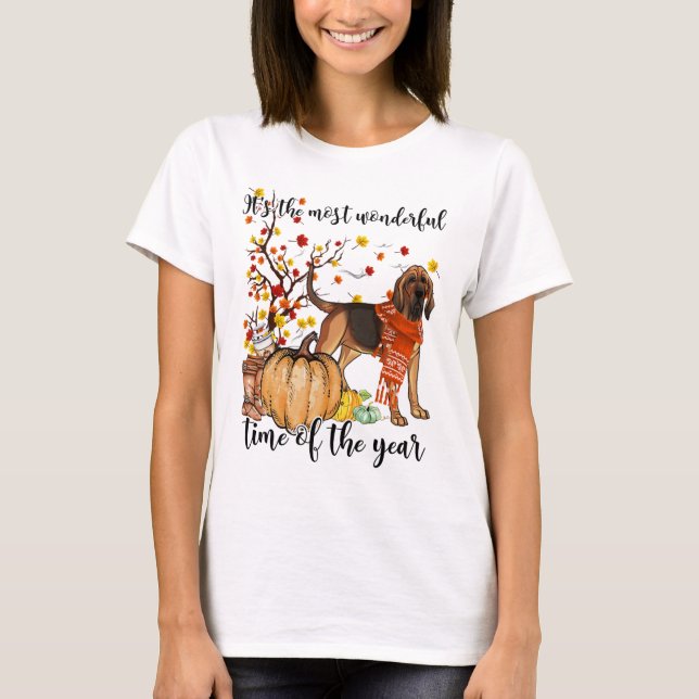 Bloodhound Fall Pumpkins Autumn Leaf Tree  T-Shirt (Front)