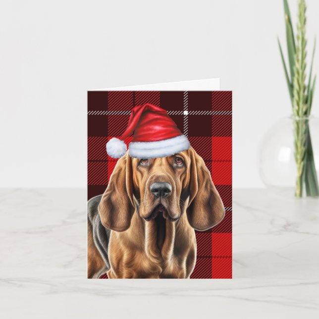 Bloodhound Red Seasonal Plaid Christmas Holiday Card (Front)