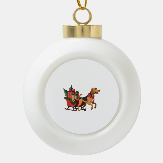 Bloodhound Sleigh Puller Ceramic Ball Christmas Ornament (Front)