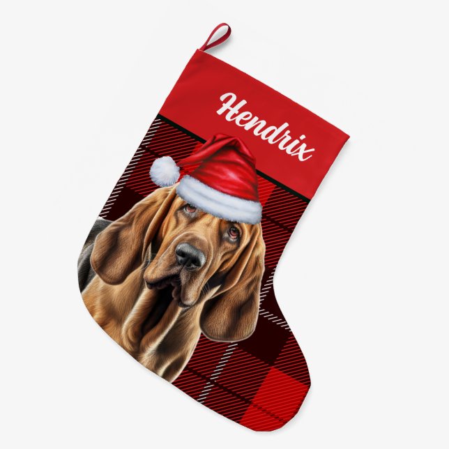 Bloodhound with Holiday Plaid and Dogs Name Large Christmas Stocking (Front (Hanging))