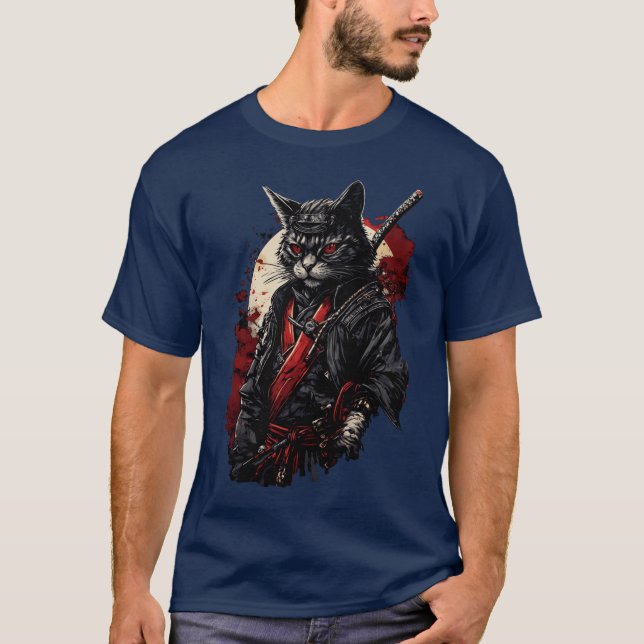 Bloody Demon Samurai Cat In Kimono gift boy T-Shirt (Front)