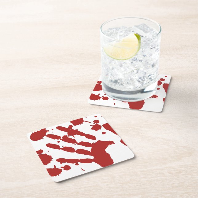 Bloody Hand Print Blood Spatter Halloween Square Paper Coaster (Insitu)