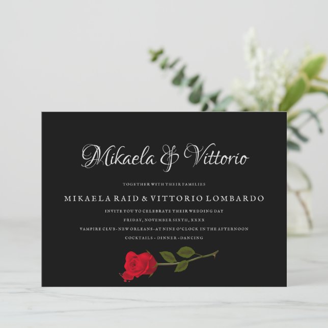 Bloody Rose elegant black Gothic wedding Invitation (Standing Front)