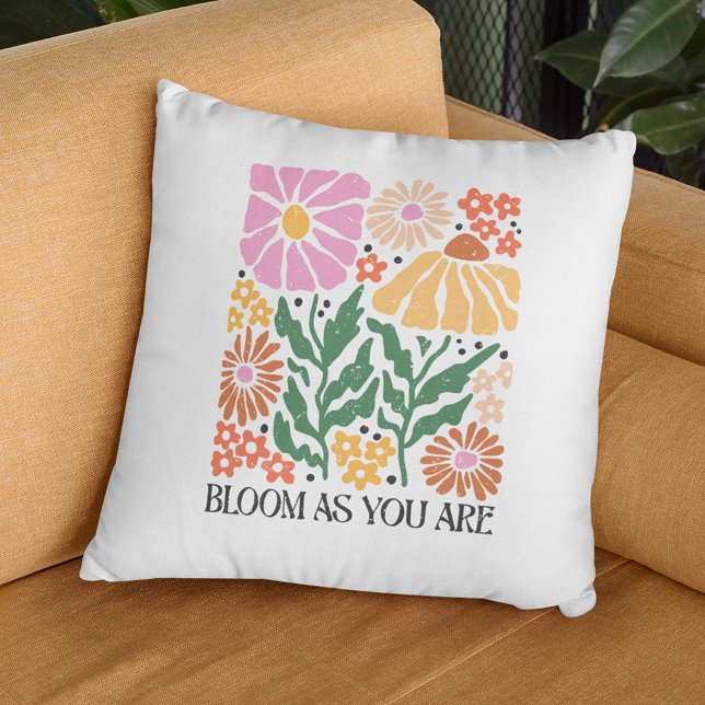 Bloom As You Are Boho Floral Inspirational Quote Throw Pillow (Creator Uploaded)