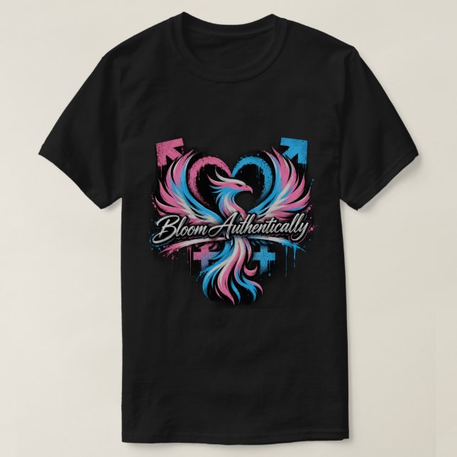 "Bloom Authentically" Trans Pride Phoenix Heart T-Shirt (Design Front)