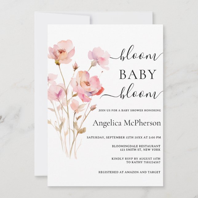 BLOOM BABY BLOOM PINK BLUSH WATERCOLOR WILDFLOWERS INVITATION (Front)