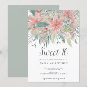Bloom   Chic pink green floral watercolor Sweet 16 Invitation