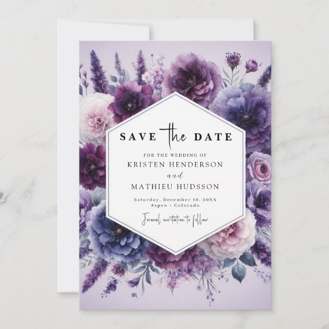  Bloom Digital Purple Floral Wedding  Save The Date (Front)