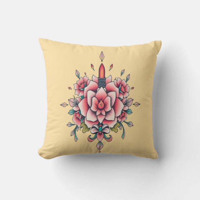 Bloom & Flame – Vintage Floral Elegance Throw Pillow (Front)