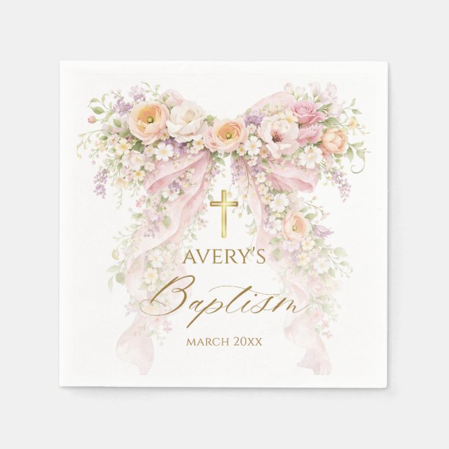 Bloom Floral Bow Girl Baptism Napkin (Front)