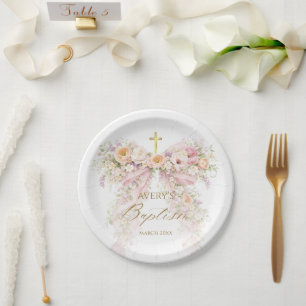 Bloom Floral Bow Girl Baptism Paper Plate