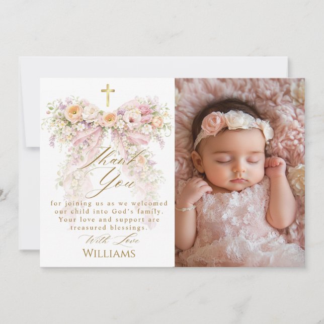 Bloom Floral Bow Girl Baptism Thank You Card (Front)