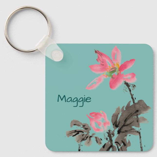 Bloom Flowers Positive Quote Personalized Add Name Keychain (Front)