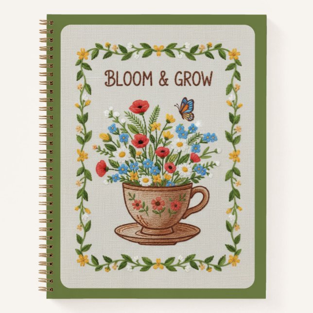 Bloom & Grow Embroidered Teacup Floral Journal (Devant)